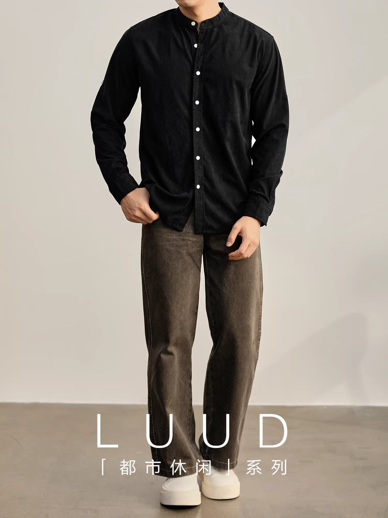Áo sơ mi dài tay màu đen cao cấp dành cho quý ông LUUD, giản dị và thoải mái, áo sơ mi cổ đứng bằng nhung chải đơn hàng nút