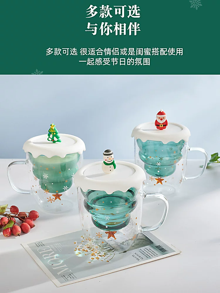 Cốc chúc mừng Giáng sinh, cốc thủy tinh hình cây thông Noel có tay cầm, quà tặng Giáng sinh, cốc nước chịu nhiệt có nắp, quà tặng sáng tạo