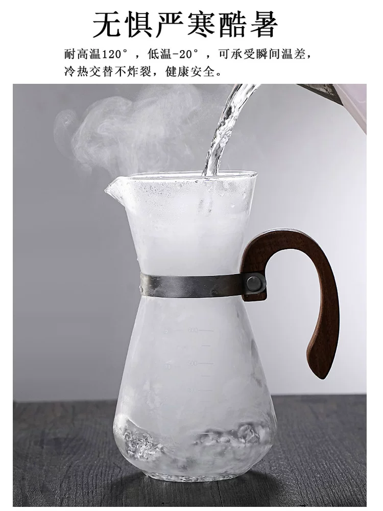Bộ ấm pha cà phê tích hợp, dùng tay pha, dùng trong gia đình, chất liệu thủy tinh chịu nhiệt có tay cầm bằng gỗ, ấm chia cà phê có vạch chia và bộ lọc bằng thép không gỉ.
