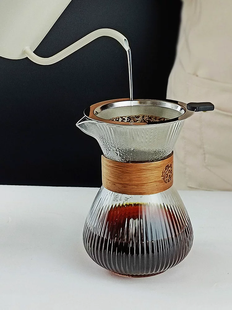 Bộ ấm pha cà phê tích hợp sọc dọc mới, ấm chia sẻ bằng thủy tinh chịu nhiệt, bộ ấm pha cà phê thủ công có thể làm nóng kèm bộ lọc.