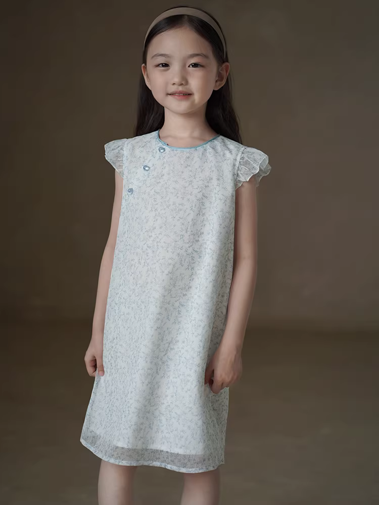 Quần áo trẻ em Hazi 25 Mùa hè mới Váy voan hoa màu xanh Váy bé gái Váy mùa hè phong cách Trung Quốc mới dành cho trẻ lớn hơn