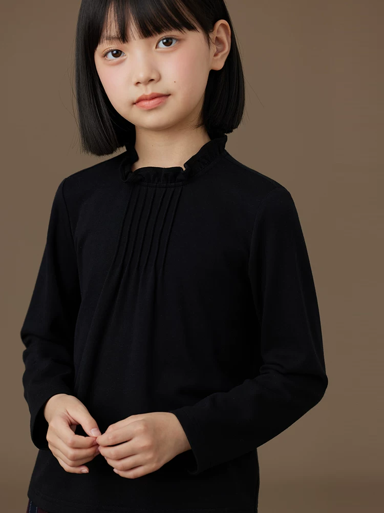 Áo thun dài tay màu đen cho trẻ em mùa xuân thu, thiết kế đa năng, áo thường ngày cho bé gái, áo lót cho bé gái.