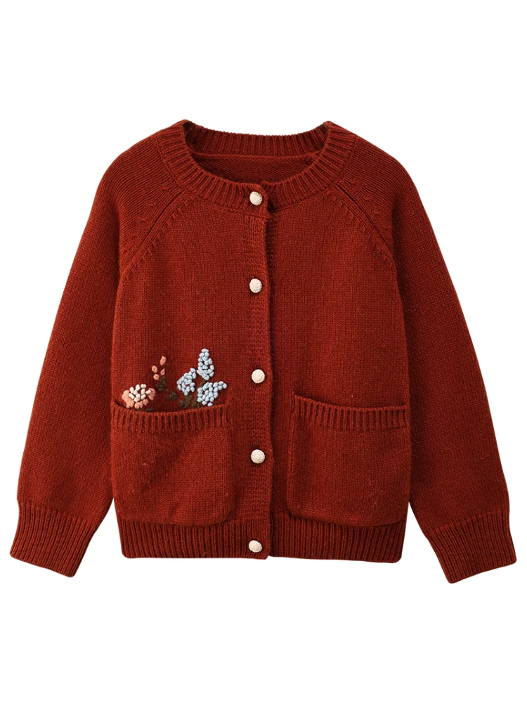 Quần áo trẻ em mùa thu đông áo len len màu đỏ áo len dệt kim màu đỏ cổ điển áo len cardigan cho bé gái áo khoác cho trẻ lớn hơn