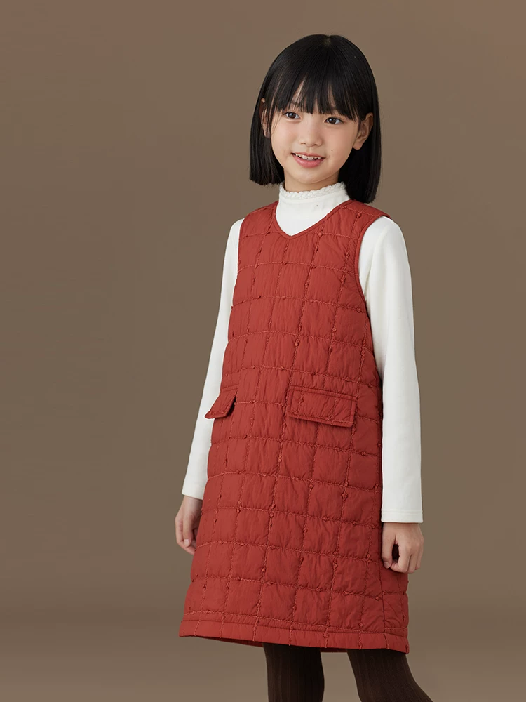 Áo khoác có đệm cho trẻ em mùa thu đông, váy vest màu cam thiết kế đơn giản cho bé gái.