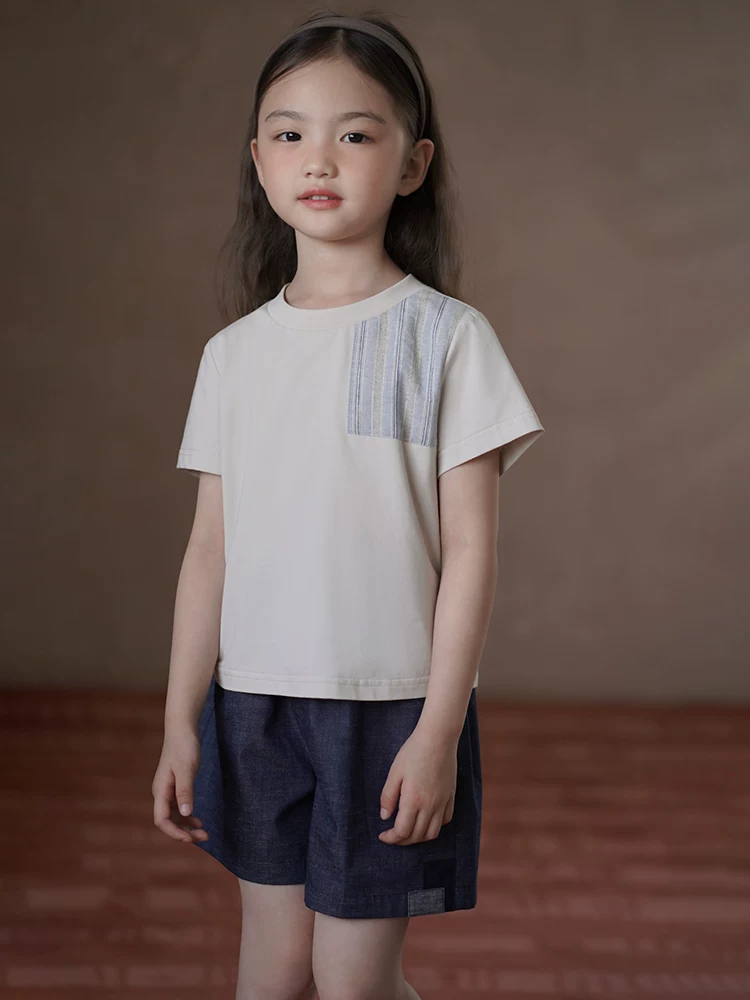 Quần áo trẻ em mùa hè áo dệt kim áo sơ mi chắp vá bé trai bé gái áo thun ngắn tay trang phục mùa hè mới cho trẻ lớn hơn