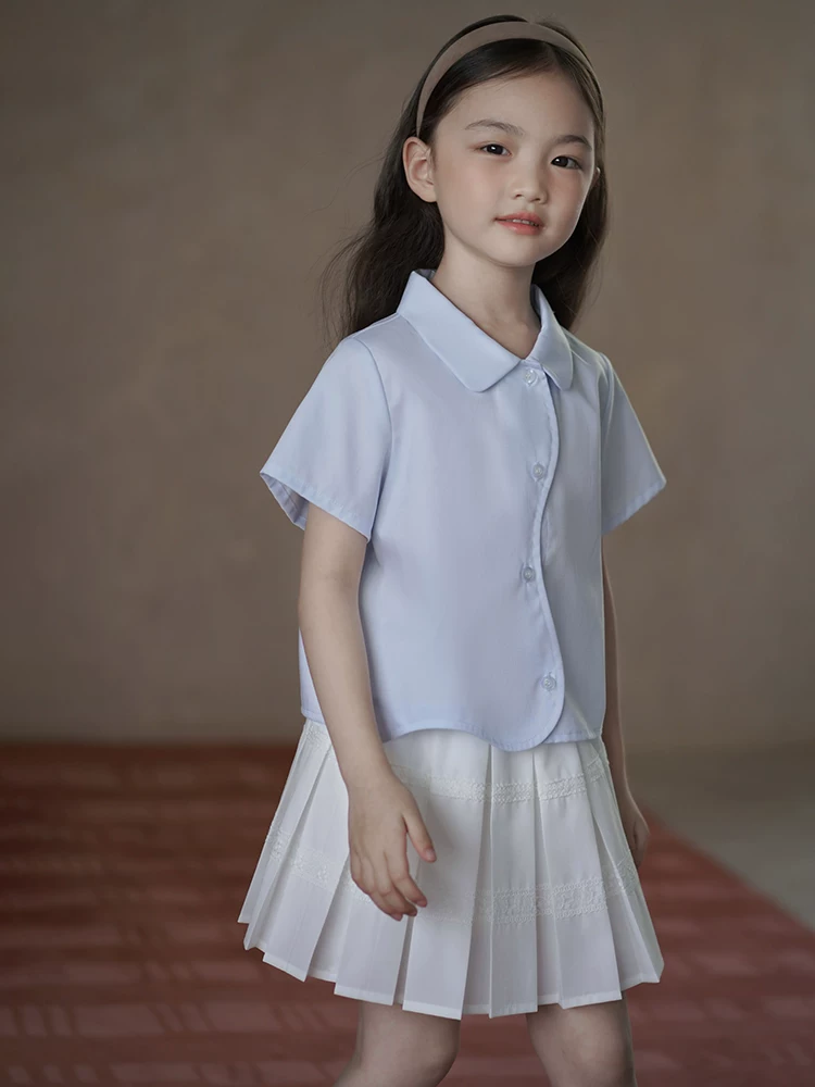 Quần áo trẻ em Hazi Quần áo mùa hè 25 kiểu mới Áo cotton thân thiện với da màu xanh Áo sơ mi ngắn tay cho bé gái Thiết kế đơn giản