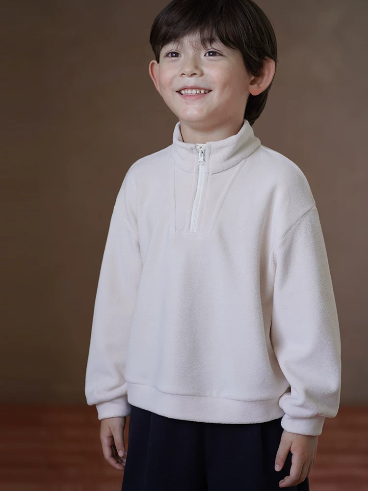 Quần áo trẻ em Hazi Áo nỉ lông cừu mùa thu đông cho trẻ em Áo khoác ngoài màu trắng đơn giản giản dị cho bé trai và bé gái Áo khoác ấm áp