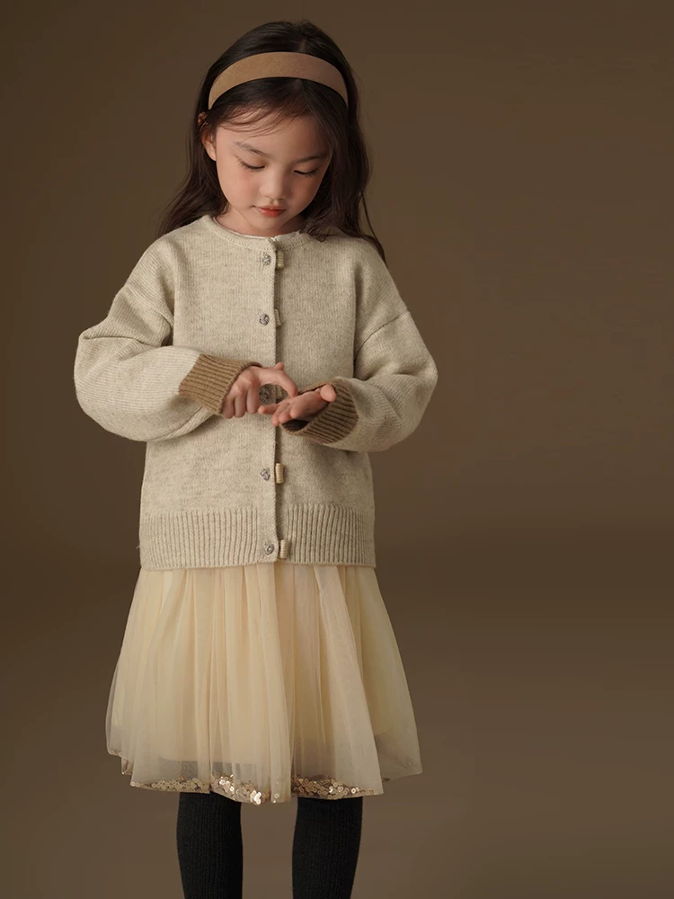 Quần áo trẻ em mùa thu đông váy vải tuyn trẻ em váy sequin nặng kiểu cổ tích váy màu be váy chữ A cho bé gái váy ngắn cho bé
