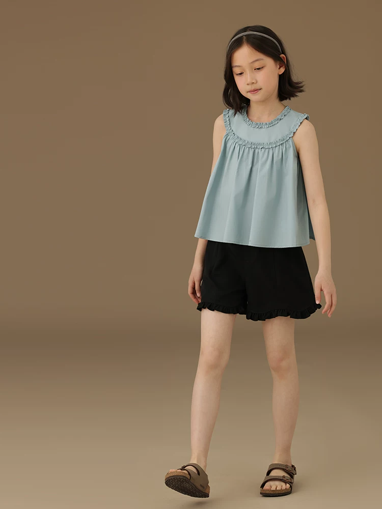 Áo vest cotton ren màu xanh nhạt cho bé gái Ha Chi, thiết kế dễ thương, áo không tay cho bé gái mùa hè