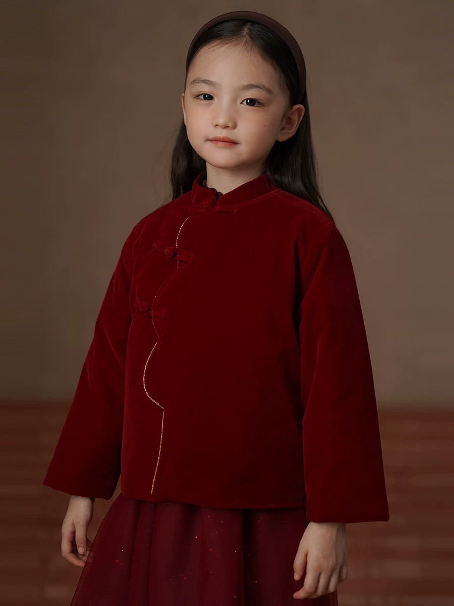Quần áo mùa đông cho trẻ em Áo khoác cotton dày dặn mới ấm áp kiểu Trung Quốc mới cho bé gái Áo khoác màu đỏ Trang phục năm mới của bé gái