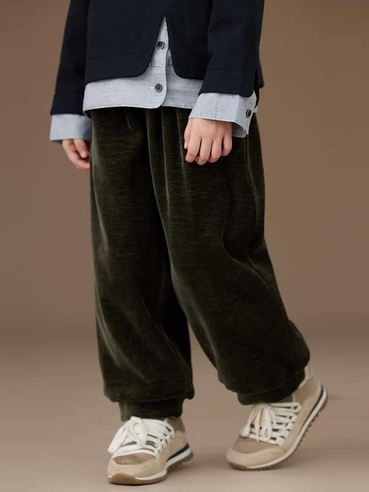 Quần áo trẻ em quần màu xanh đậm quần âu đơn giản quần jogger dáng rộng bé trai bé gái quần thể thao lót lông mùa đông