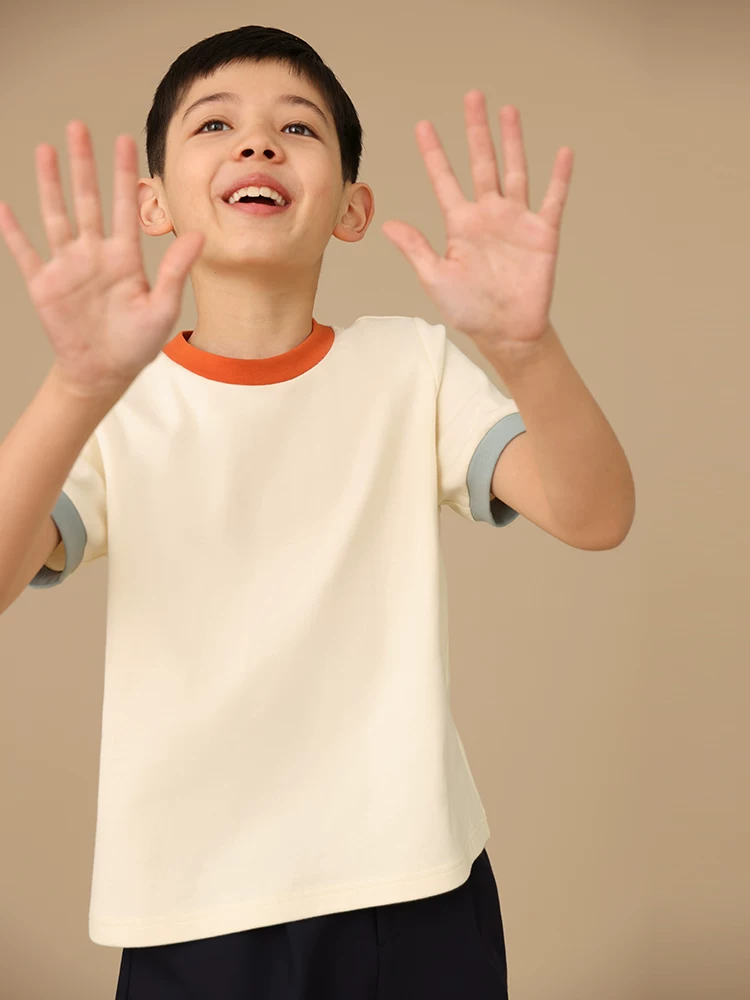 Quần áo trẻ em cotton thân thiện với da màu khối màu ngắn tay áo thun cổ tròn cổ điển dành cho cha mẹ và con cái dành cho bé trai và bé gái mùa hè