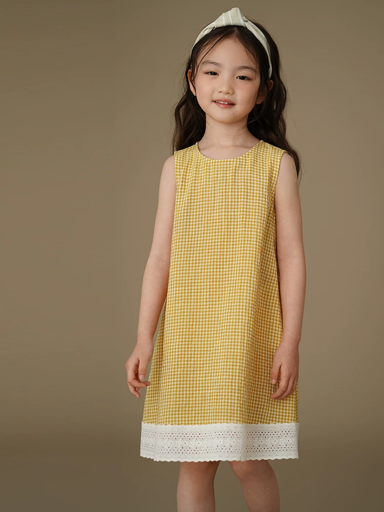 Quần áo trẻ em váy vest kẻ sọc vàng váy chắp vá bé gái váy dài vừa phải váy mùa hè bé gái 25 kiểu mới