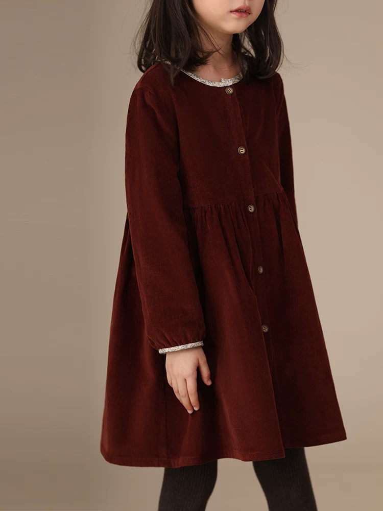 Quần áo trẻ em mùa thu đông váy bé gái cổ tròn cotton nguyên chất vải nhung lót lông cừu trẻ em dài tay đầm dày