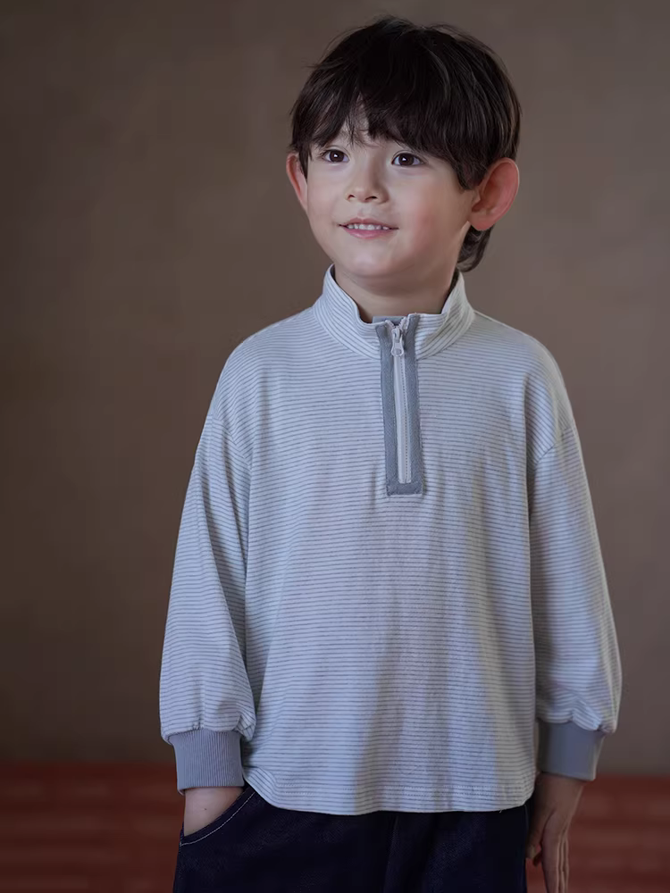 Quần áo trẻ em mùa xuân thu áo dệt kim cổ cao nửa cổ áo sọc áo thun bé trai và bé gái áo sơ mi cơ bản toàn cotton