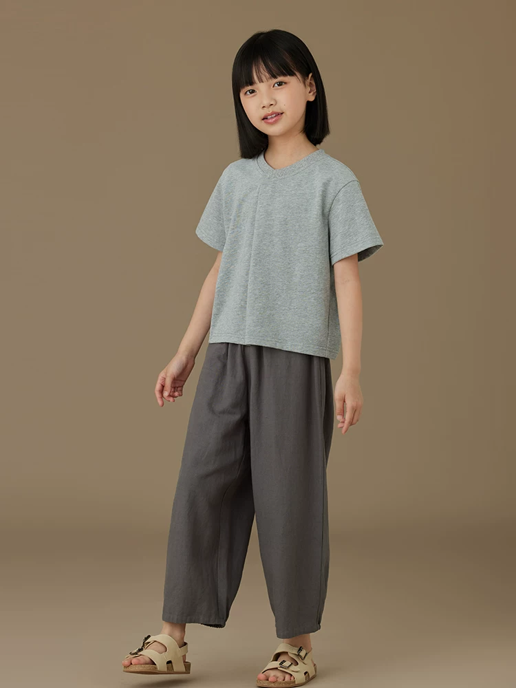Áo thun ngắn tay mùa hè cho trẻ em, áo thun cotton mỏng cổ tròn màu xám thông thường đa năng dành cho bé trai và bé gái