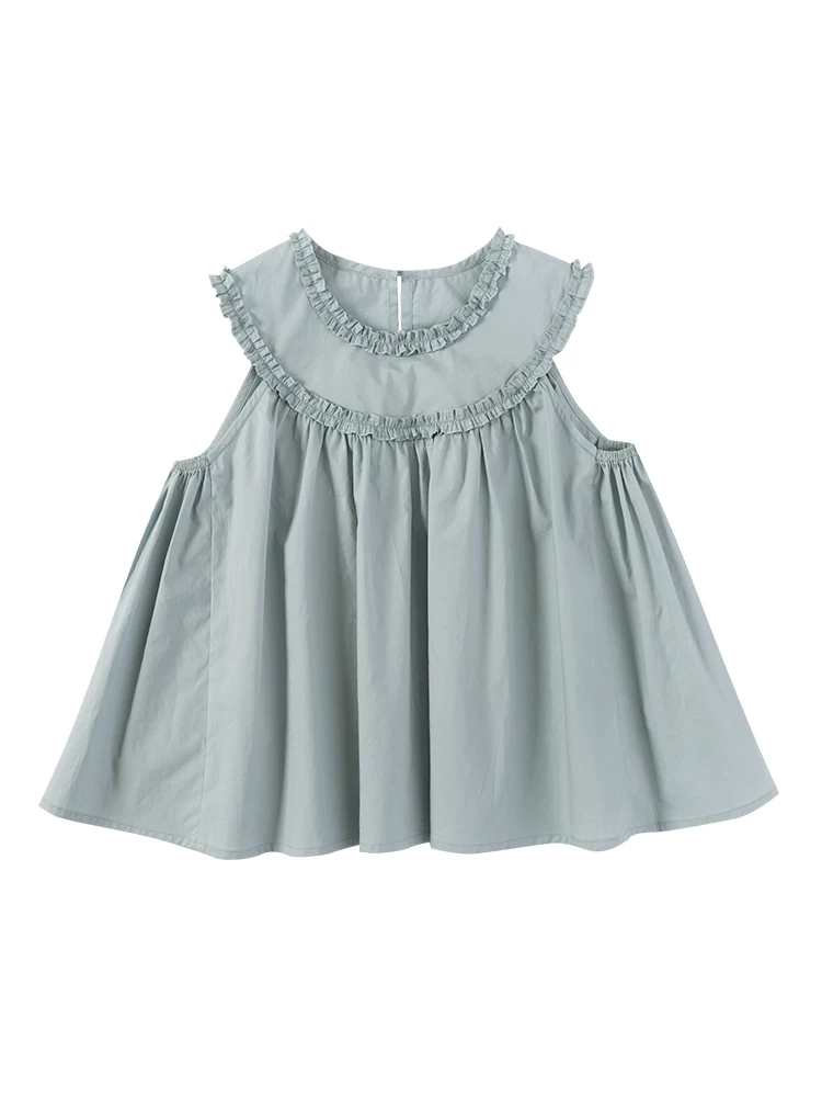 Áo vest cotton ren màu xanh nhạt cho bé gái Ha Chi, thiết kế dễ thương, áo không tay cho bé gái mùa hè