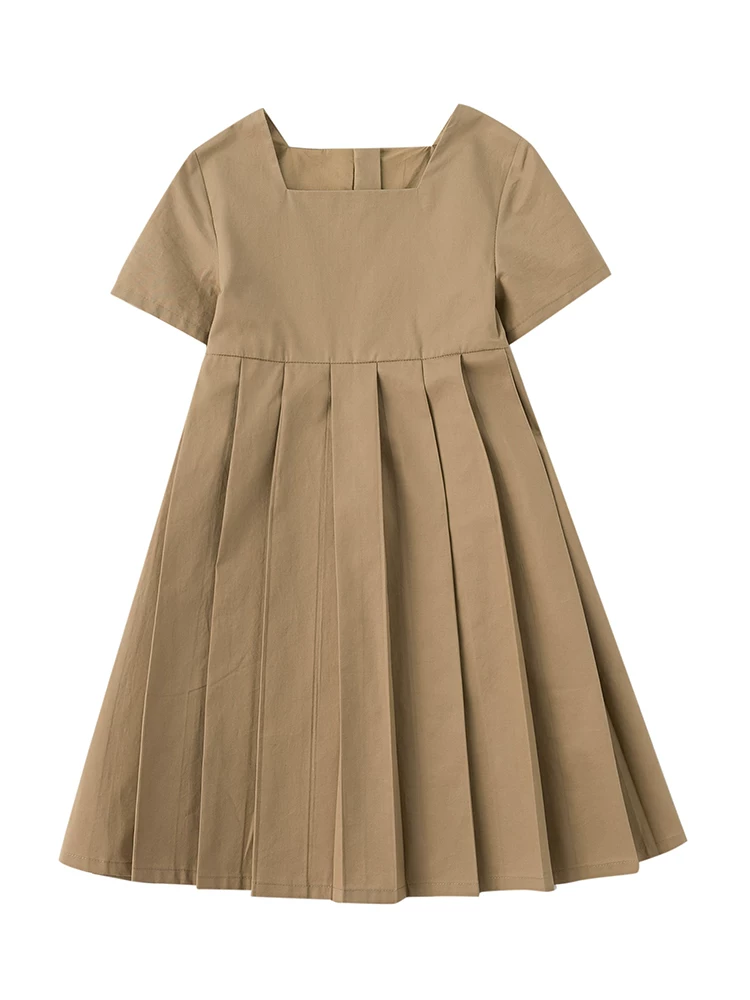 Quần áo trẻ em Ha Chi Bộ sưu tập mới Xuân/Hè Phong cách cha mẹ và con gái Cotton nguyên chất Thiết kế tinh tế Váy xếp ly tay ngắn cổ vuông thanh lịch