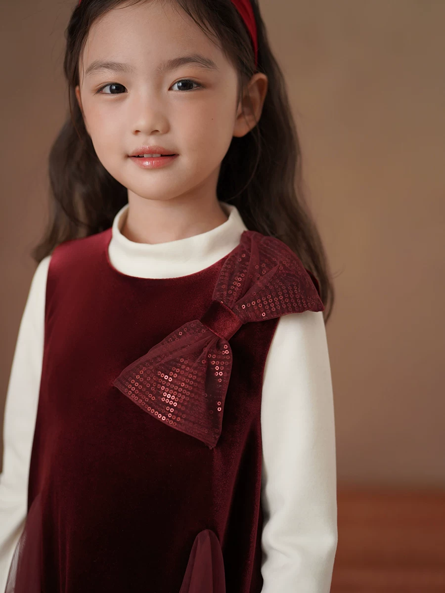 Quần áo trẻ em mùa đông dày dặn nhung đỏ váy dài trung bình váy vest bé gái váy đuôi cá