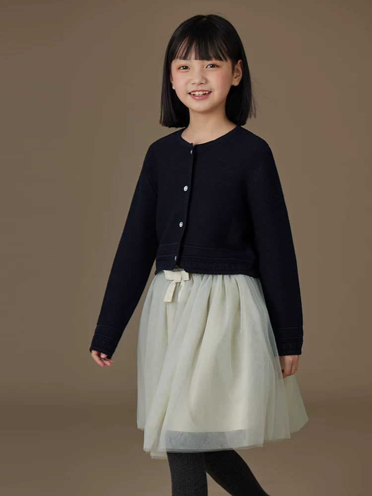 Quần áo trẻ em mùa xuân thu áo khoác trẻ em màu xanh hải quân đa năng áo dệt kim thông thường áo cardigan dệt kim cho bé gái dành cho trẻ lớn hơn