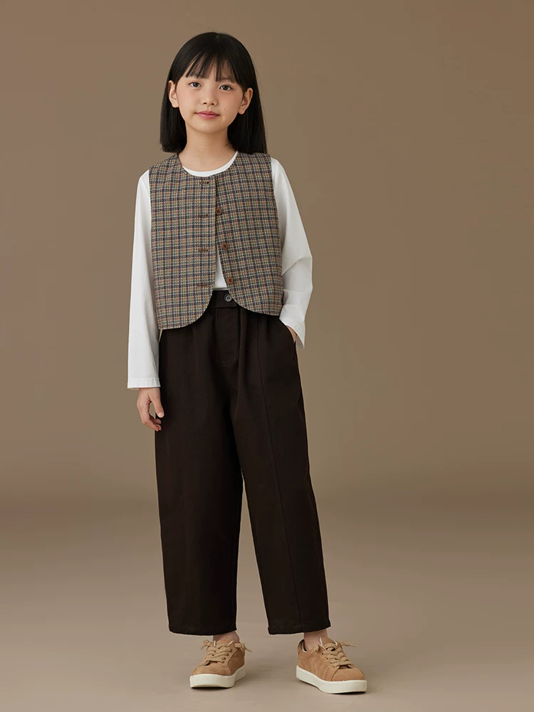 Quần áo trẻ em mùa xuân thu quần dài trẻ em màu cà phê dáng rộng đa năng quần thẳng bé trai và bé gái quần thường ngày toàn cotton