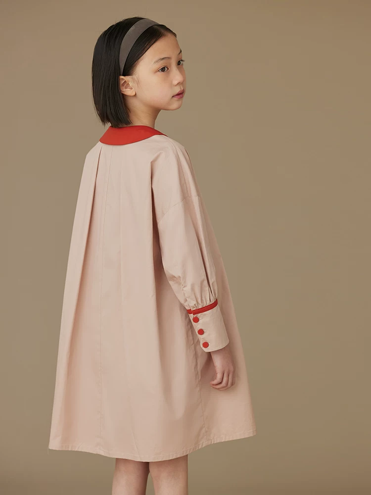 Quần áo trẻ em mùa xuân thu áo sơ mi trẻ em màu hồng ngọt ngào cotton nguyên chất phối màu cổ Peter Pan váy dài tay cho bé gái