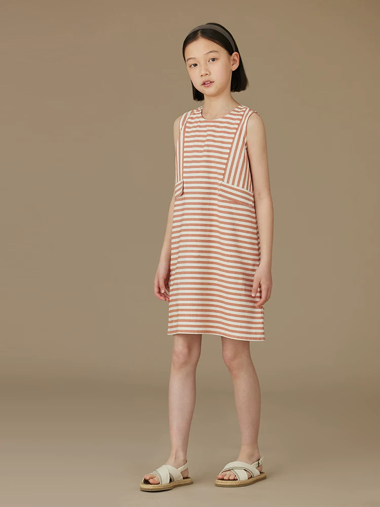 Váy vest mùa hè cho trẻ em, váy cotton sọc cam mỏng và ngọt ngào cho bé gái, thiết kế sành điệu