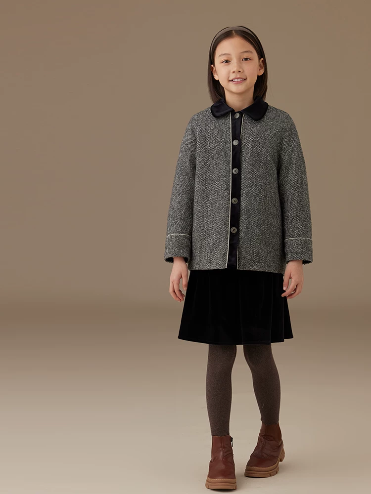 Quần áo mùa đông cho bé gái, áo khoác bông phối áo len kiểu Chanel, áo khoác len trẻ em phối màu, ấm áp và dày dặn.