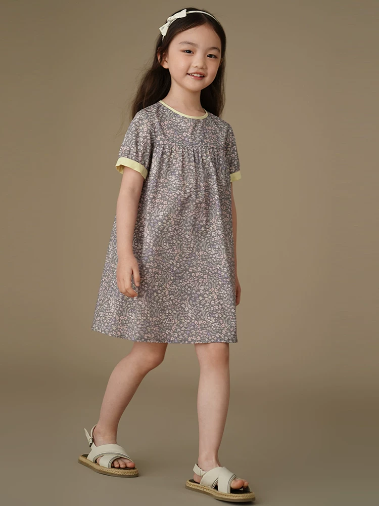 Quần áo trẻ em mặc mùa hè cotton thân thiện với da dáng rộng phong cách Hàn Quốc váy dài vừa hoa váy ngắn tay cho bé gái