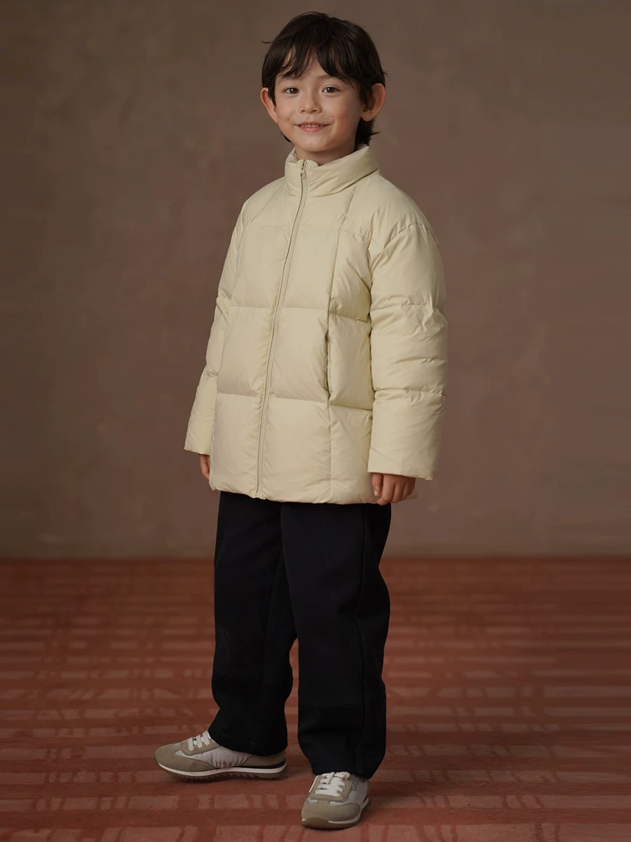 Áo khoác lông vũ dài vừa phải cho trẻ em, áo khoác lông vũ dáng rộng cổ đứng, áo khoác lông vũ cho bé trai và bé gái mùa đông phong cách mới