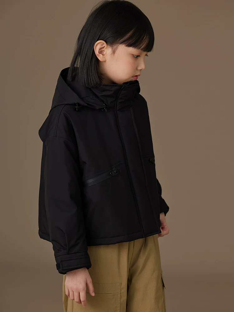 Áo khoác có mũ trùm đầu màu đen cho trẻ em mùa thu đông, quần áo cotton thông thường cho bé trai và bé gái, áo khoác ngoài chống gió và chống nước.