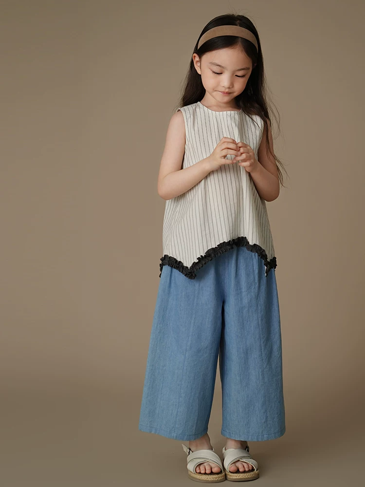 Quần dài ống đứng mùa hè chất liệu cotton mềm mại cho bé gái, quần jeans trẻ em, quần dài rộng rãi thoải mái