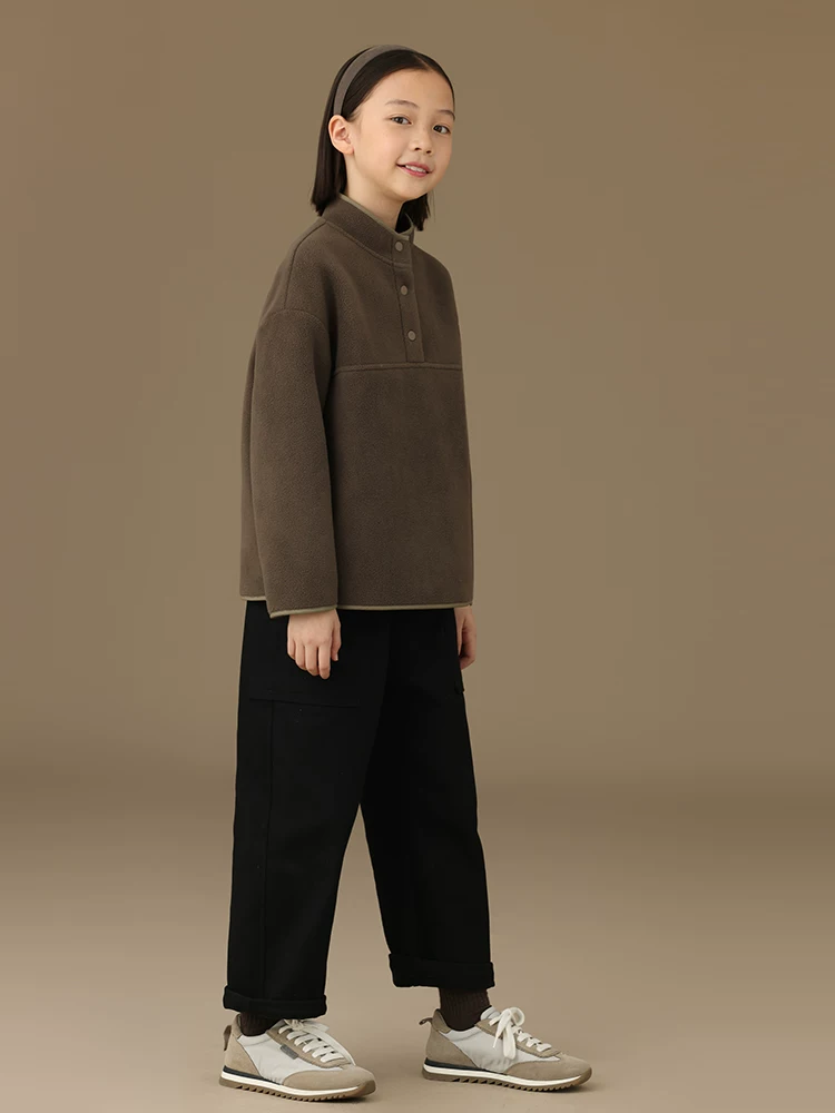 Quần thường ngày mùa đông cho trẻ em, quần cargo ấm áp lót lông cừu bằng vải cotton màu đen cho bé trai và bé gái, quần công sở dày màu đen.