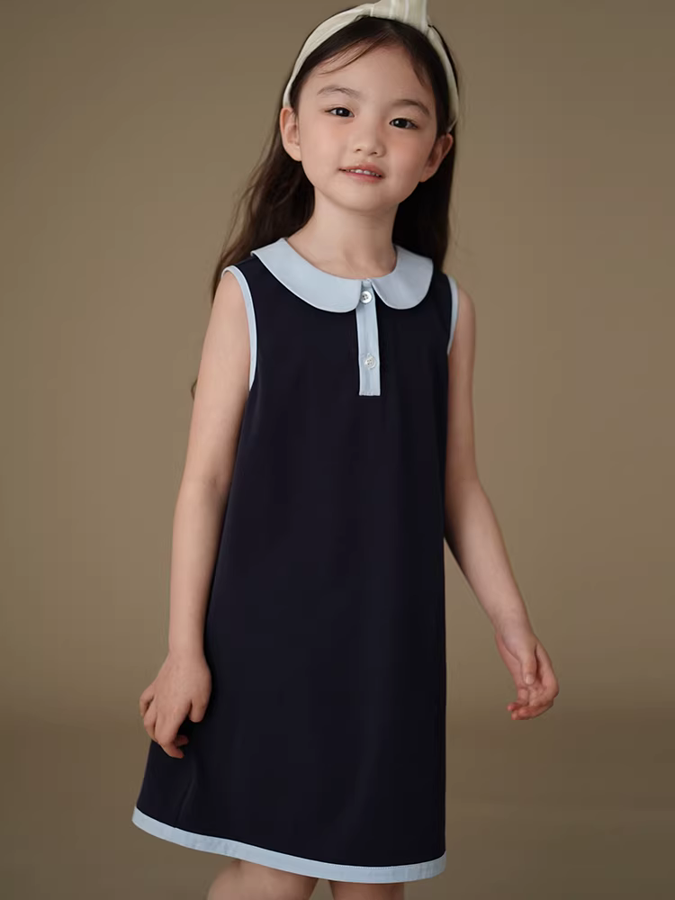 Quần áo trẻ em Váy dệt kim xuân hè dành cho bé gái có cổ búp bê, váy dài vừa phải, váy ba lỗ cho bé gái, kiểu dáng thoáng khí và mỏng.