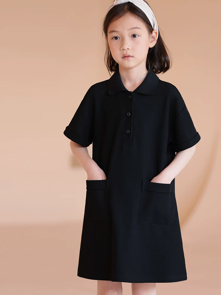 Váy POLO mùa hè cho bé gái, phong cách preppy, váy mùa hè ngắn tay có cổ, váy thẳng có túi lớn cho trẻ em