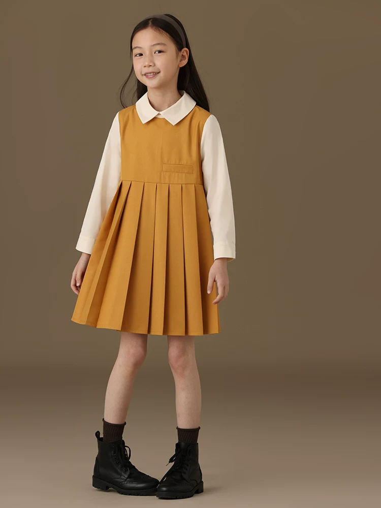 Váy áo thu đông trẻ em, kiểu dáng thanh lịch, chất liệu dày dặn, phong cách preppy, chân váy xếp ly, đầm dài tay mẹ và bé gái