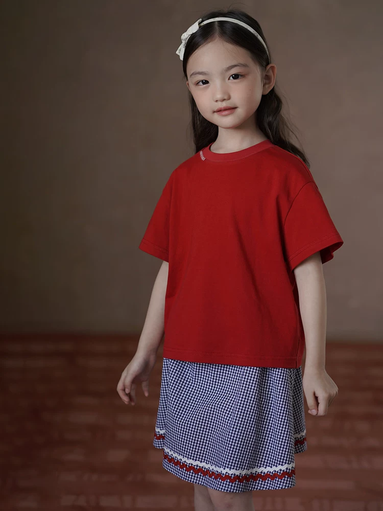 Áo len dệt kim mùa hè màu đỏ cho bé trai và bé gái, áo thun ngắn tay cho trẻ lớn, trang phục mùa hè, 25 kiểu mới