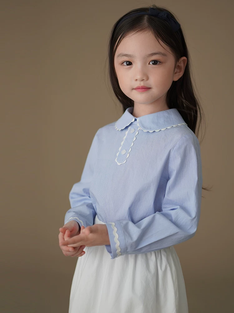 Quần áo trẻ em cho mùa xuân và mùa thu, áo sơ mi dài tay màu xanh cho trẻ em, áo sơ mi sọc cotton thân thiện với làn da cho bé gái, trẻ nhỏ và lớn.