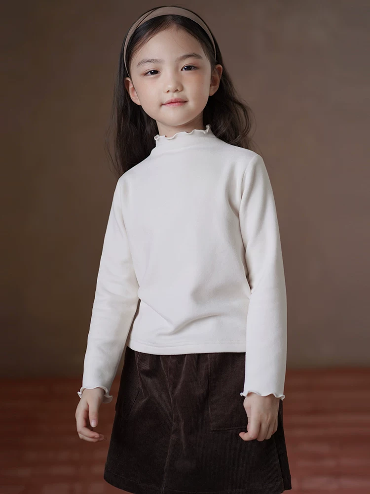 Quần áo trẻ em Hazi Áo thun dài tay thu đông cho trẻ em, áo viền sóng màu trắng nhạt đơn giản, áo lót cho bé gái, ấm áp và thân thiện với làn da