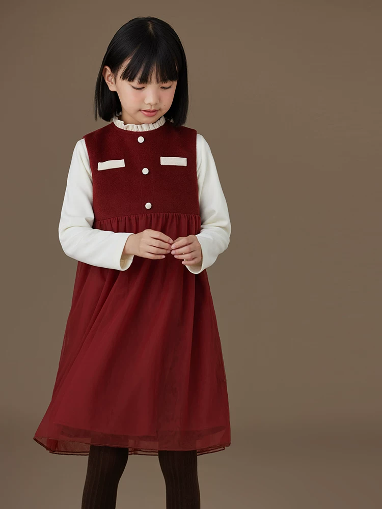 Quần áo trẻ em mùa thu đông váy vest đỏ đơn giản váy cao cấp váy năm mới cho bé gái dành cho trẻ lớn hơn