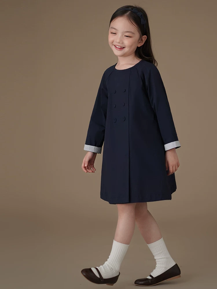 Quần áo trẻ em trang phục mùa xuân màu xanh hải quân dáng rộng vừa vặn với da cotton thân thiện với da Váy chữ A cho bé gái Váy dài tay cho bé gái
