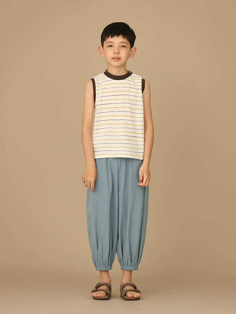 Quần áo trẻ em Hazi Mùa hè Mới về Quần áo trẻ em bằng cotton thân thiện với da Cổ tròn phối màu Phong cách cha mẹ và con cái Áo vest không tay sọc giản dị