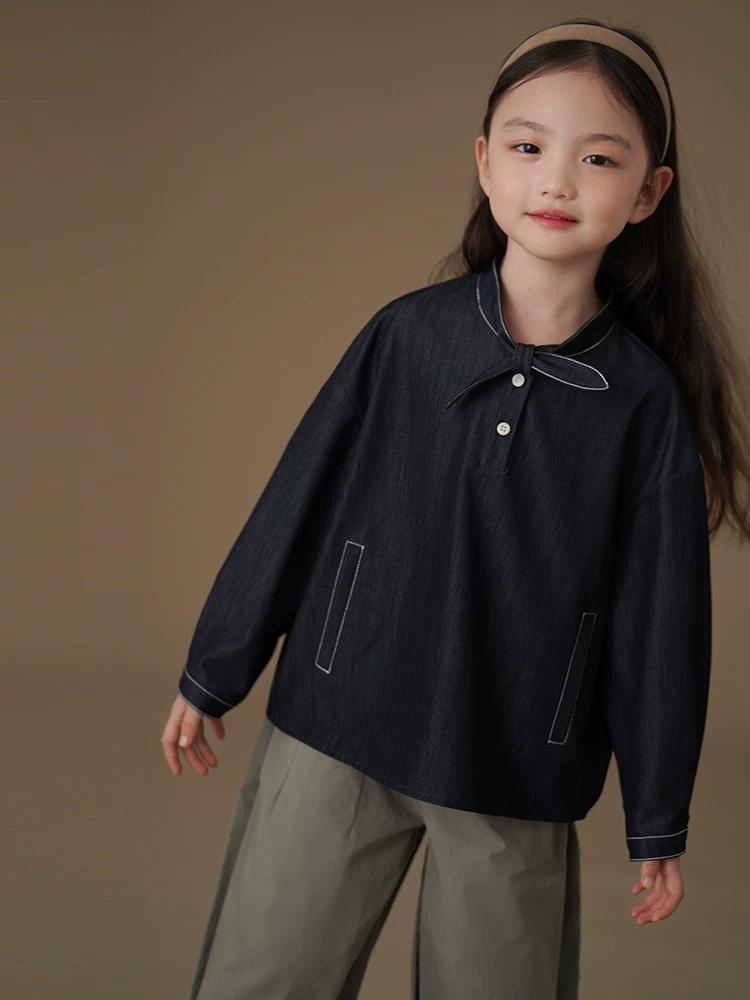 Áo sơ mi denim trẻ em, kiểu dáng mỏng mùa xuân thu, áo đơn giản, năng động dành cho bé gái, thiết kế mới mùa xuân thu 2025.