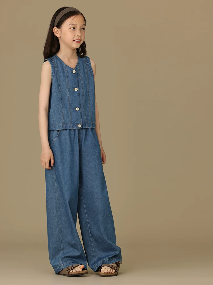 Trang phục denim trẻ em dành cho bé gái, quần áo mùa hè cho trẻ lớn, đồ đôi cha mẹ và con cái, áo ba lỗ rộng bằng cotton nguyên chất, quần ống rộng dài đến sàn.