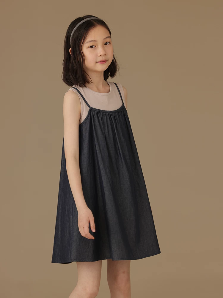Quần áo trẻ em váy vest mùa hè váy denim cotton mỏng váy bé gái váy giả hai mảnh cho bé gái