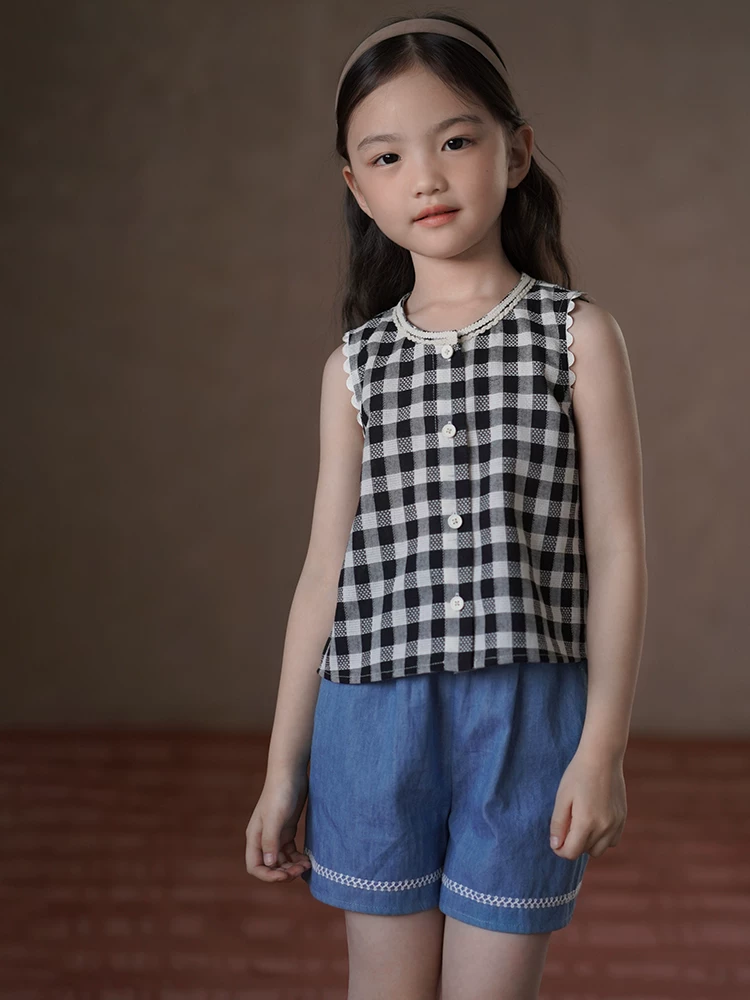 Quần áo trẻ em mùa hè mỏng kiểu Hàn Quốc, áo ba lỗ kẻ caro, áo sơ mi nữ, áo gile cổ điển, phong cách thường ngày cho bé gái