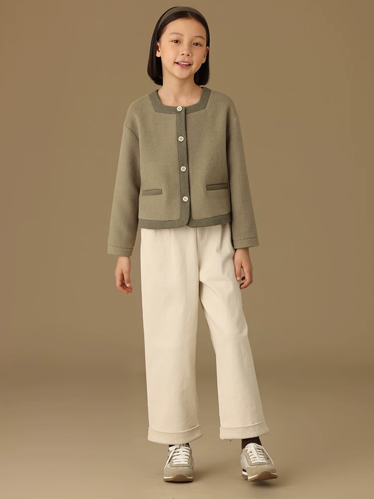 Áo khoác tweed cao cấp kiểu Pháp dành cho trẻ em, cổ vuông phối màu tương phản dành cho bé gái, áo khoác len ngắn cho mùa xuân và mùa thu.
