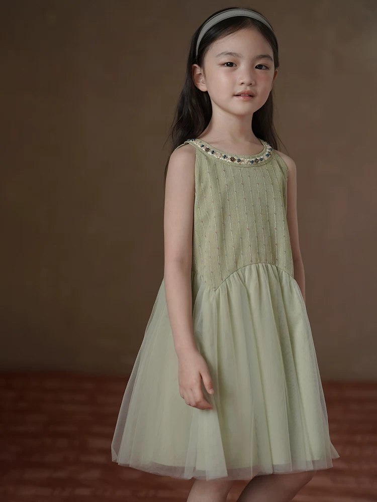 Quần áo trẻ em Váy dài màu xanh lá cây kiểu ngày lễ dành cho bé gái, váy vải tuyn ghép, váy ba lỗ sành điệu dành cho trẻ lớn hơn.
