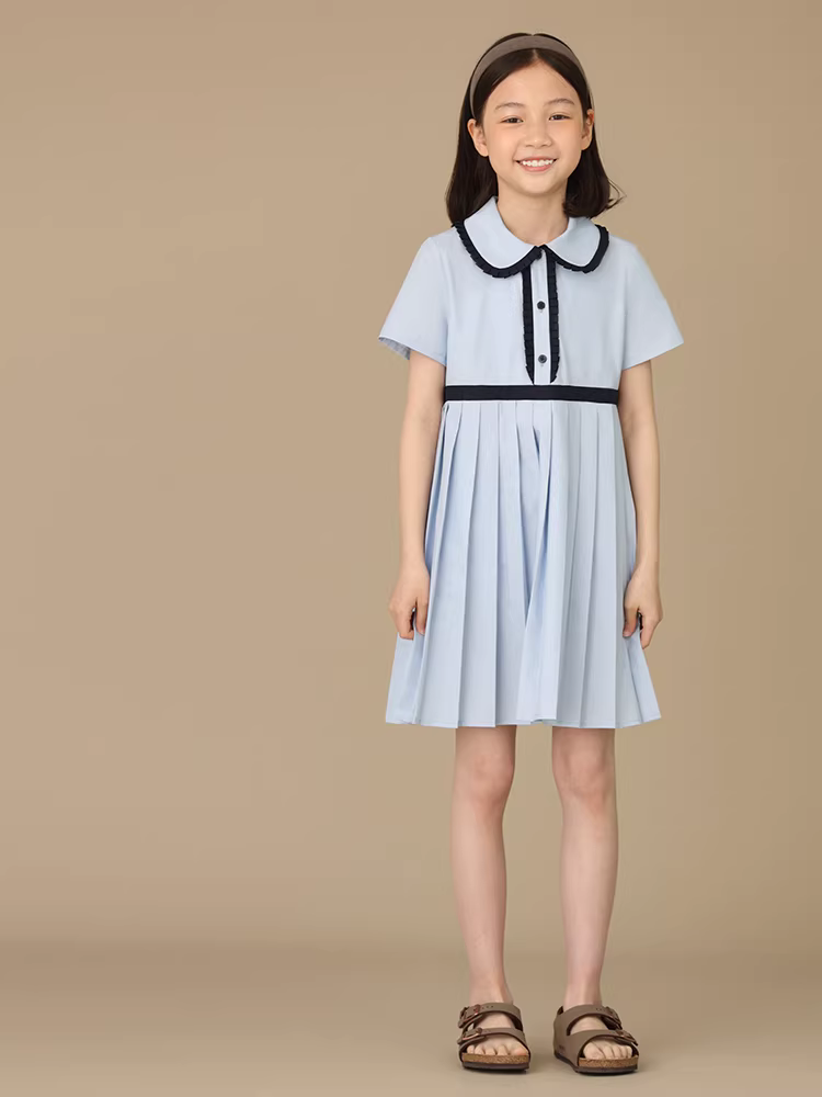 Váy xếp ly mùa hè cho bé gái, viền ren, màu xanh, kiểu học sinh, đầm ngắn tay cho trẻ lớn, mặc mùa hè