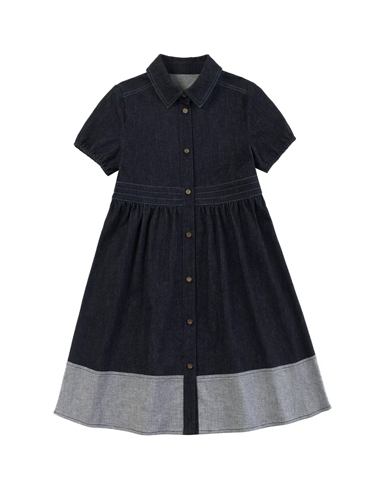 Quần áo trẻ em cotton mùa hè không phai màu, giặt được, váy xếp ly kiểu cha mẹ và con cái, váy denim phối màu giản dị cho bé gái.